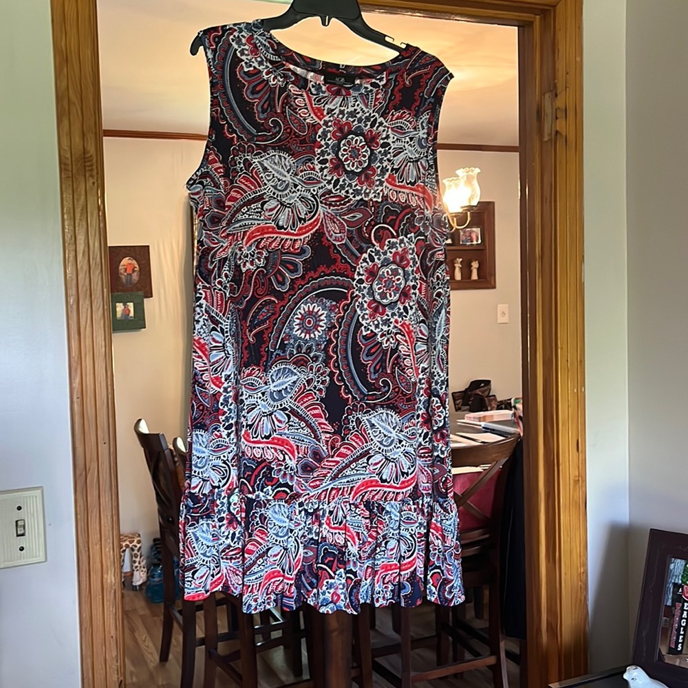 Red white and blue sleeveless dress with ruffle hem